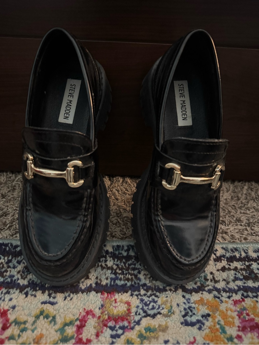 Steve Madden Black Patent Loafers with Gold Horsebit